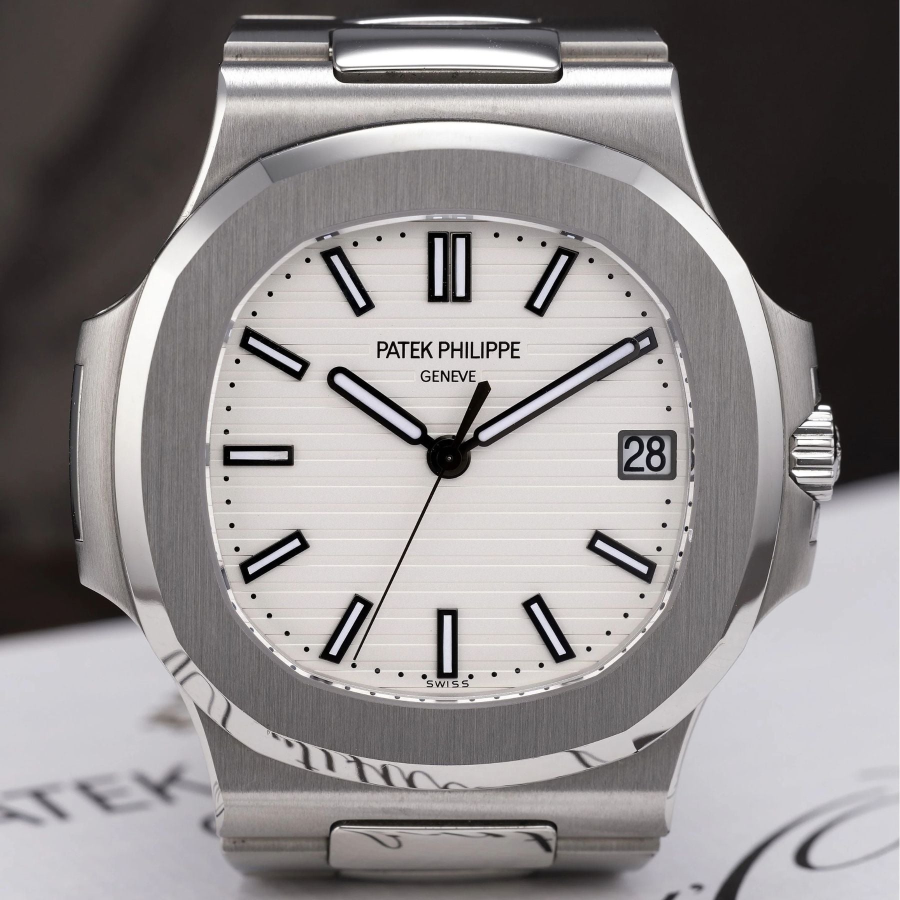 The Patek Philippe Nautilus Ref. 5711/1A-011with white dial, available from Phillips Perpetual.