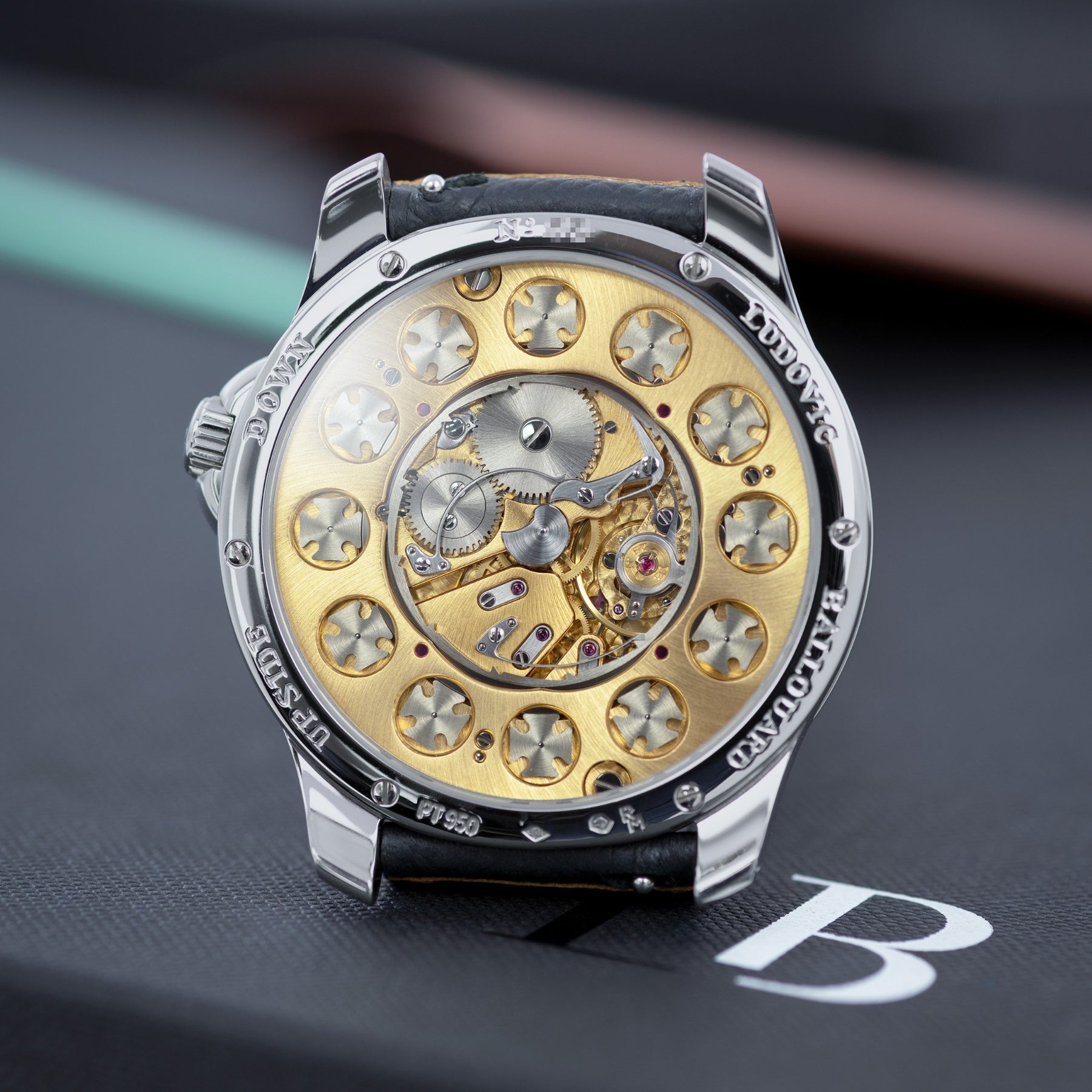 Calibre B01 of the Ludovic Ballouard Upside Down in platinum, available from Phillips Perpetual.