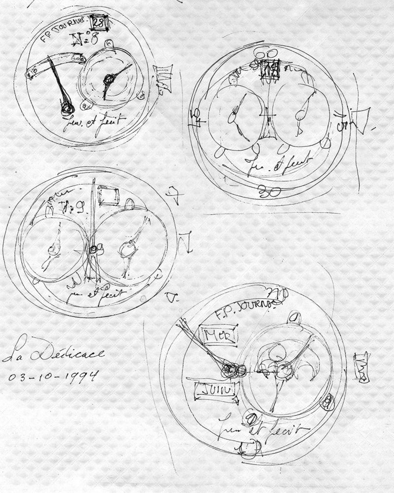 François-Paul Joune’s 1994 sketch on the table cloth of a Paris bistro. F.P. Journe