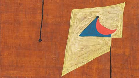 Abstract painting by Joan Miró with characteristic surrealist shapes and vibrant colors from the collection of Marcel Brient, for sale at Phillips Auction, Paris.