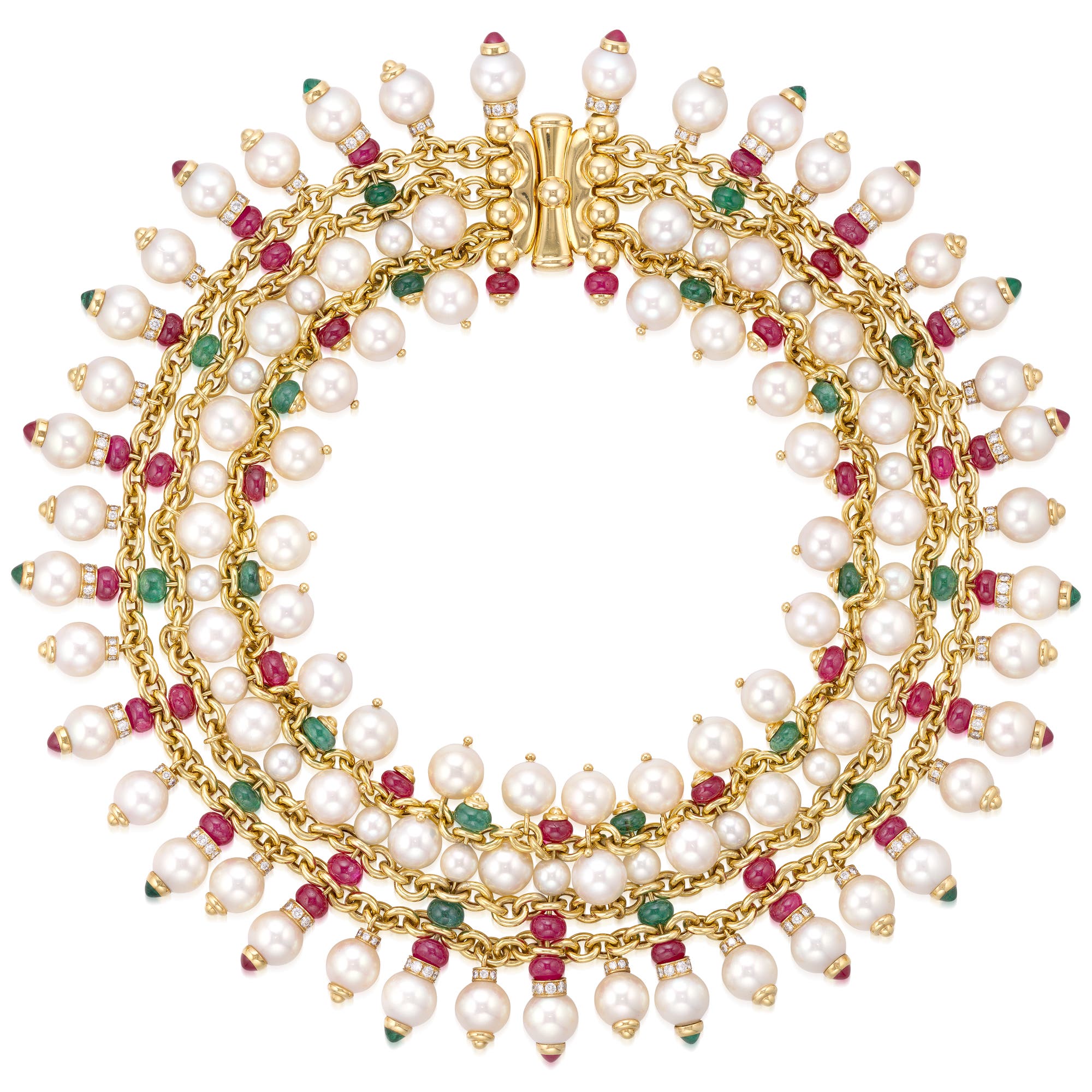 Bulgari Cultured pearl, ruby, emerald and diamond necklace, Phillips Hong Kong Jewels Auction