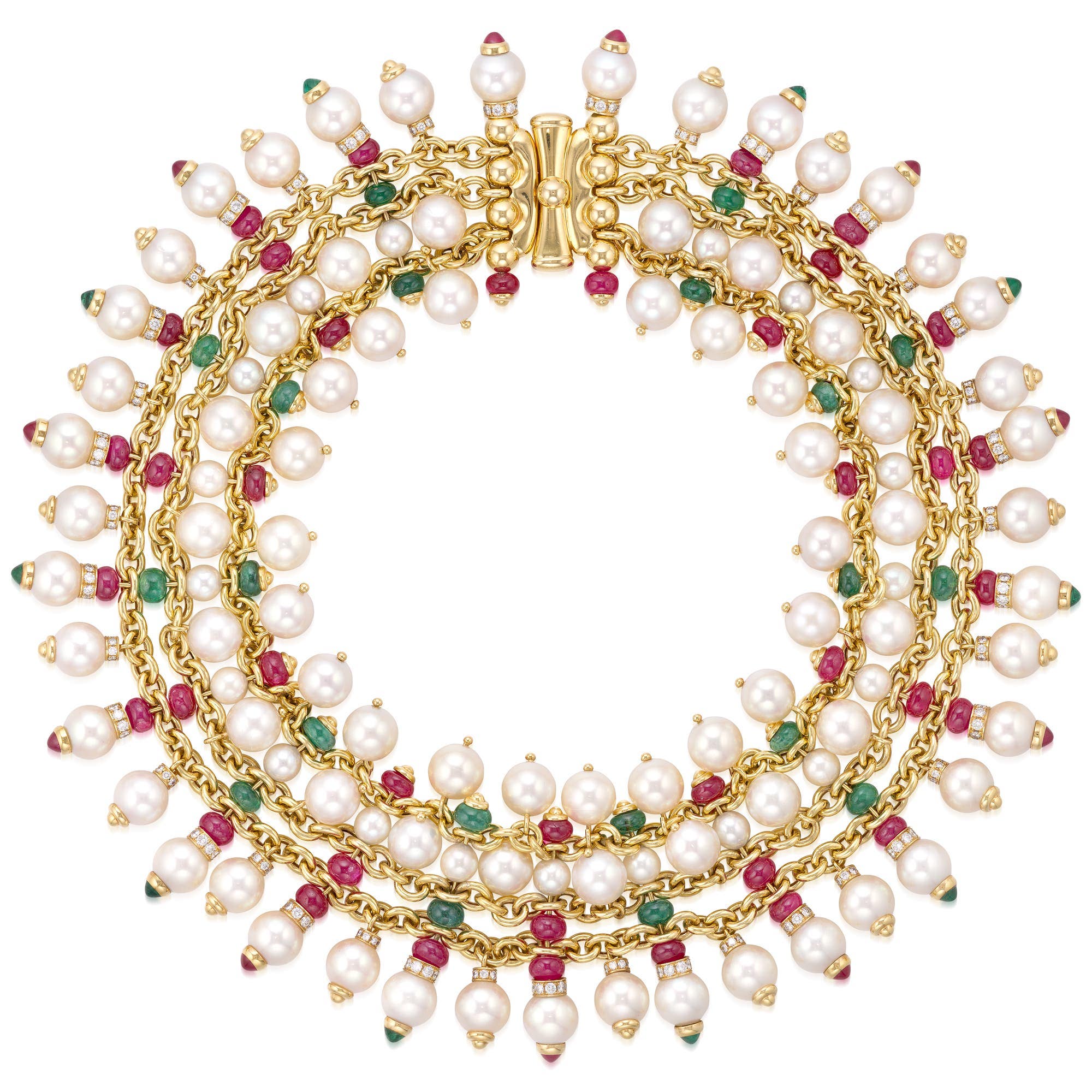 Bulgari Cultured pearl, ruby, emerald and diamond necklace, Phillips Hong Kong Jewels Auction