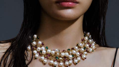 Bulgari Cultured pearl, ruby, emerald and diamond necklace, Phillips Hong Kong Jewels Auction