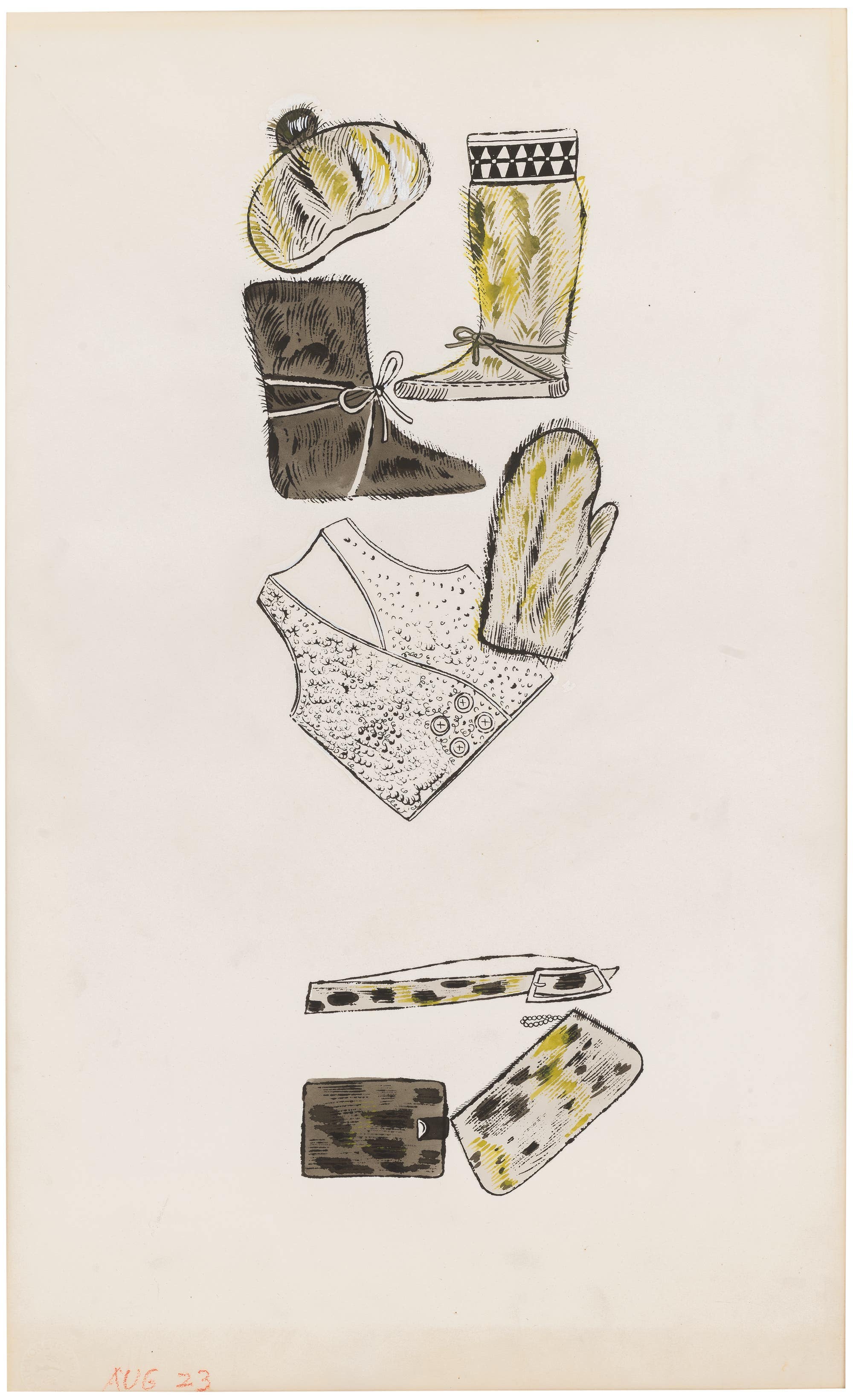 Andy Warhol, Hat, Boots, Mitten, Vest, Belt and Two Purses, circa 1955. Modern & Contemporary Art Hong Kong.