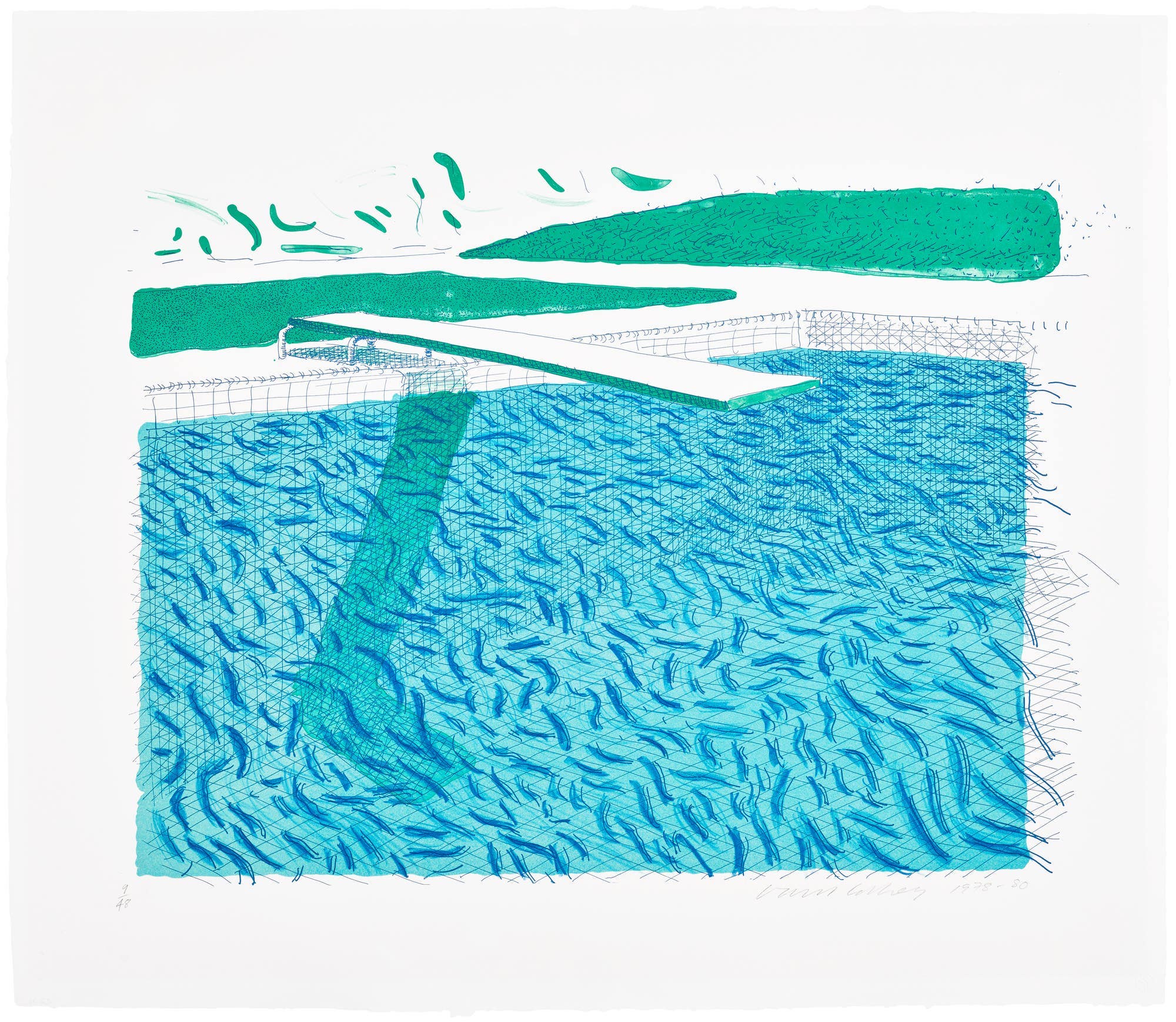 David Hockney Lithographic Water Made of Lines, Crayon, and a Blue Wash, Phillips Editions London Evening Sale