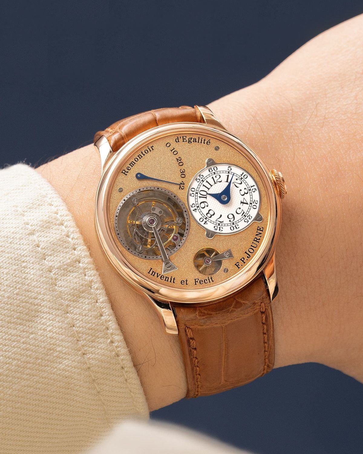 A circa 2003 example of F.P. Journe’s original Tourbillon Souverain Ref. T, from the final iteration of the model, in 18k pink gold with a pink-gold dial.