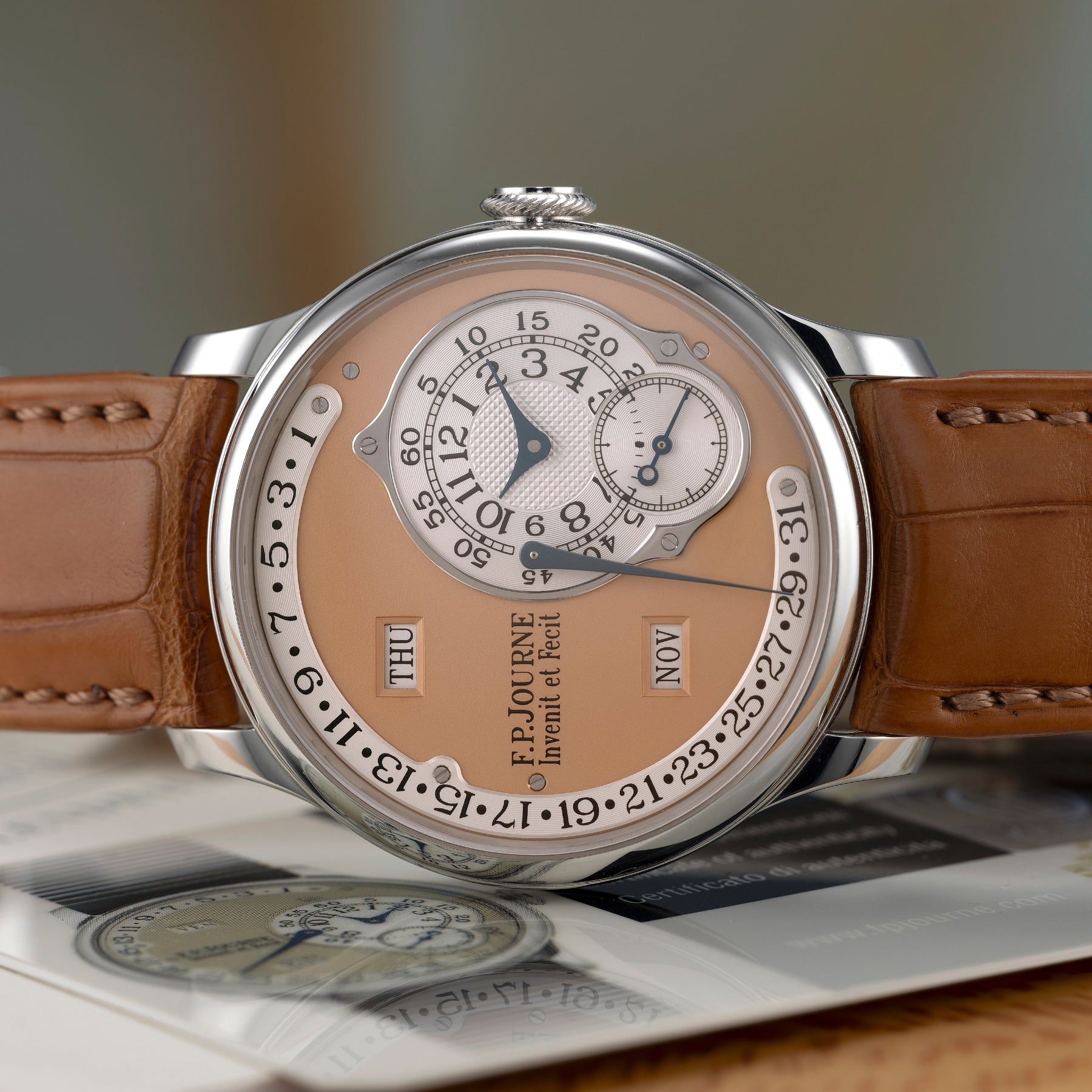 A 2007 F.P. Journe Octa Calendrier in platinum, available at Perpetual Hong Kong.