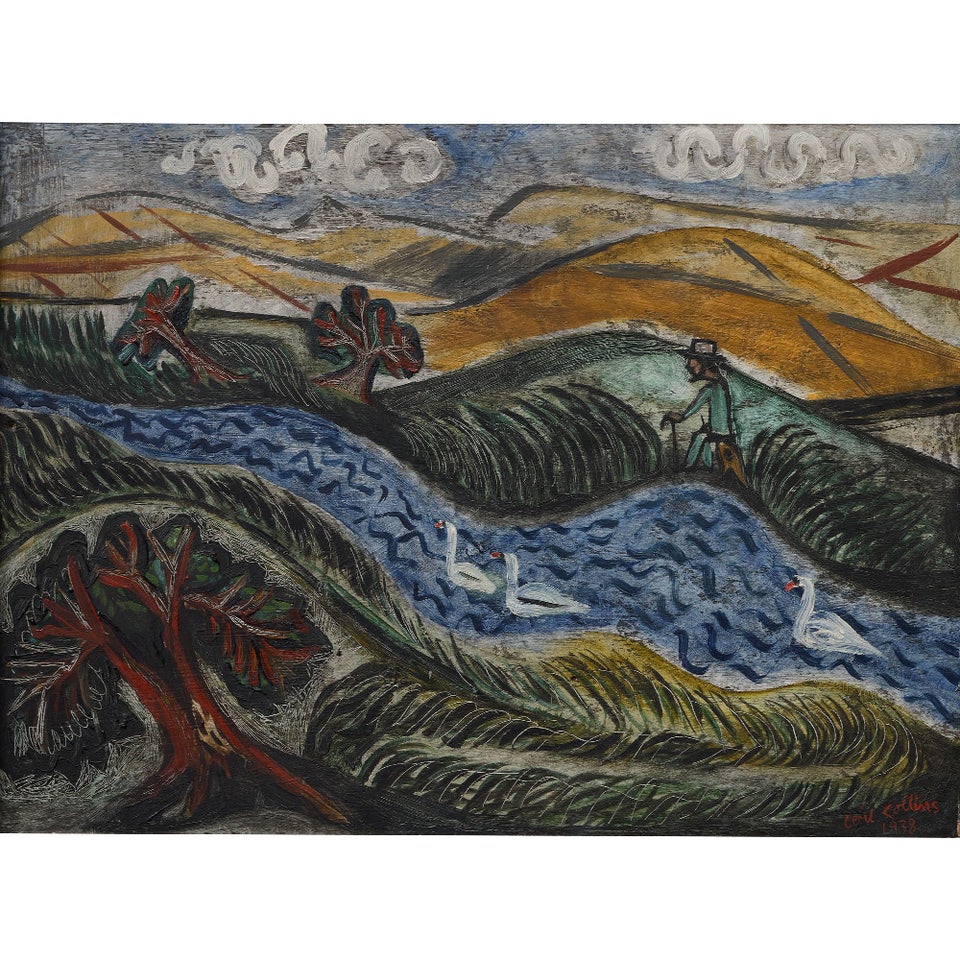Cecil Collins Dartington Landscape with the artist