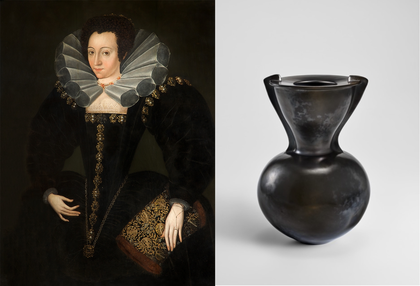 A 16th century portrait of an English woman, whose ‘wasp waist’ served as one of the inspirations for the present vessel by Odundo. Image credit: Salford Museum & Art Gallery