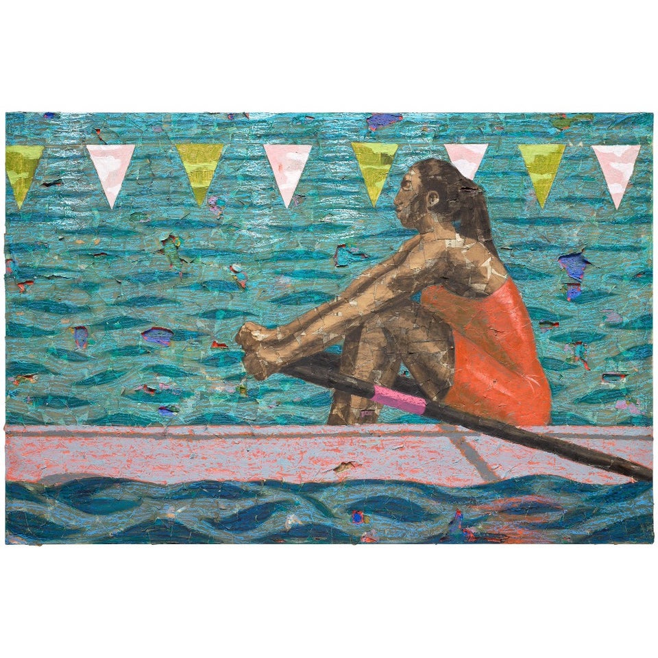 Textured, layered mixed-media painting by Derek Fordjour incorporating newsprint, charcoal, and vibrant acrylic, for sale at Phillips auction house.