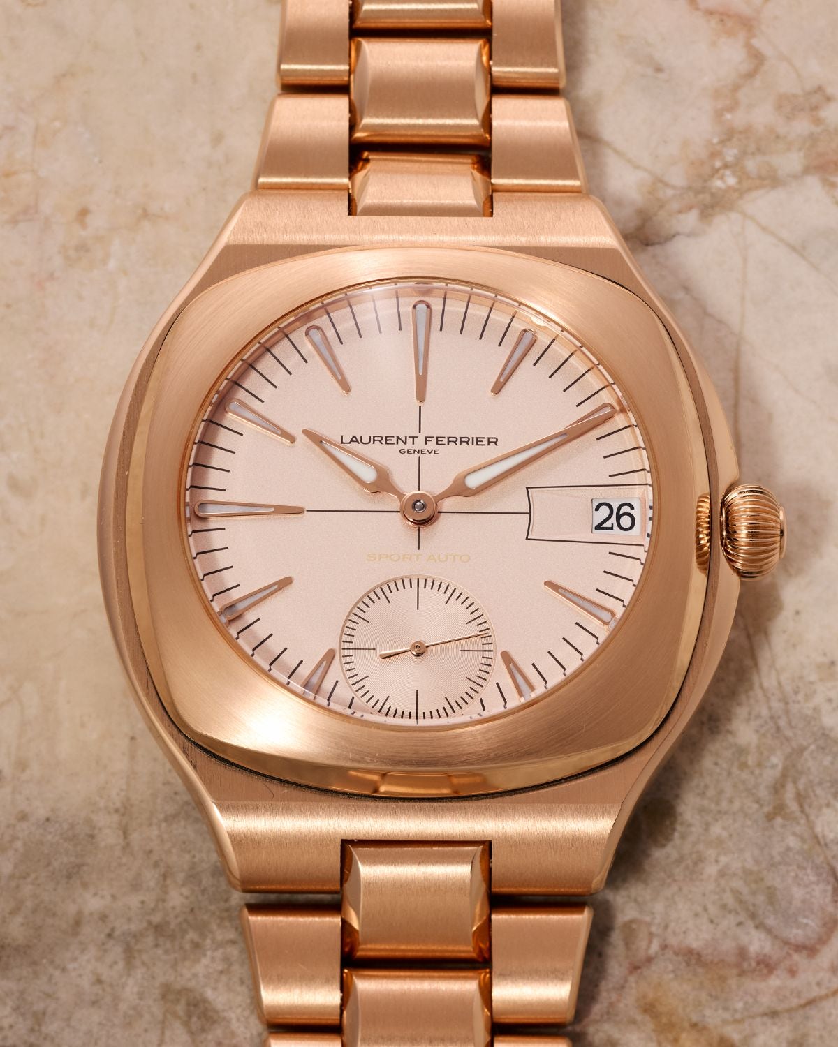 Lot 21: A circa 2025 Laurent Ferrier Sport Auto Ref. LCF040.R5.GR1C1 in 18k pink gold, included in the Phillips New York Sessions, Fall 2026. Estimate: USD $26,000–52,000