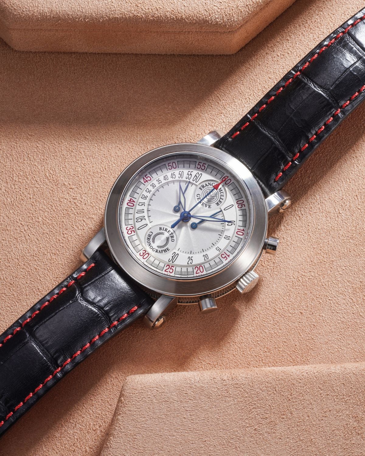 Lot 7: A circa 2000 Franck Muller Biretro Chronographe ref. 7000 CC B in stainless steel, included in the Phillips Geneva Sessions, Fall 2026, Online Auction. Estimate: CHF 2,000–4,000