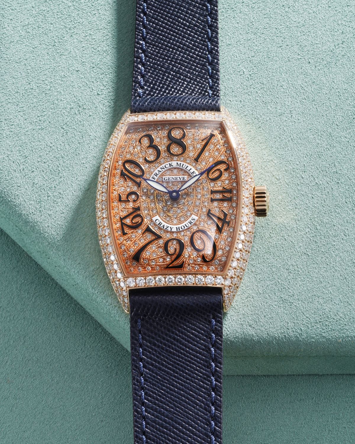Lot 68: A Franck Muller Crazy Hours ref. 7851 CH D CD in 18k pink gold with pavé-set diamonds, included in the Phillips Geneva Sessions, Fall 2026, Online Auction. Estimate: CHF 8,000–16,000
