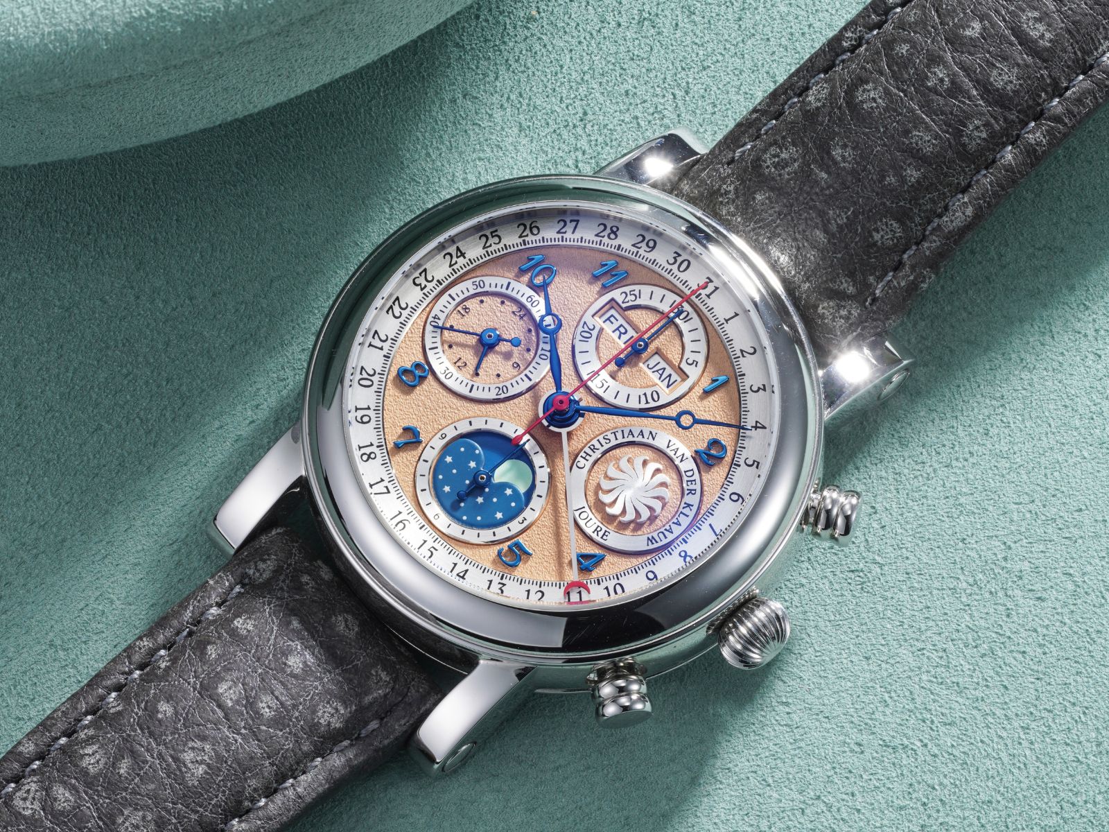 Lot 77: A 2023 Christiaan van der Klaauw triple calendar chronograph with moonphase and 24-hour indication, in steel and No.7 of a 50-piece limited edition made for Dutch retailer Reijersen, included in the Phillips Geneva Sessions, Fall 2026, Online Auction. Estimate: CHF 4,000–8,000