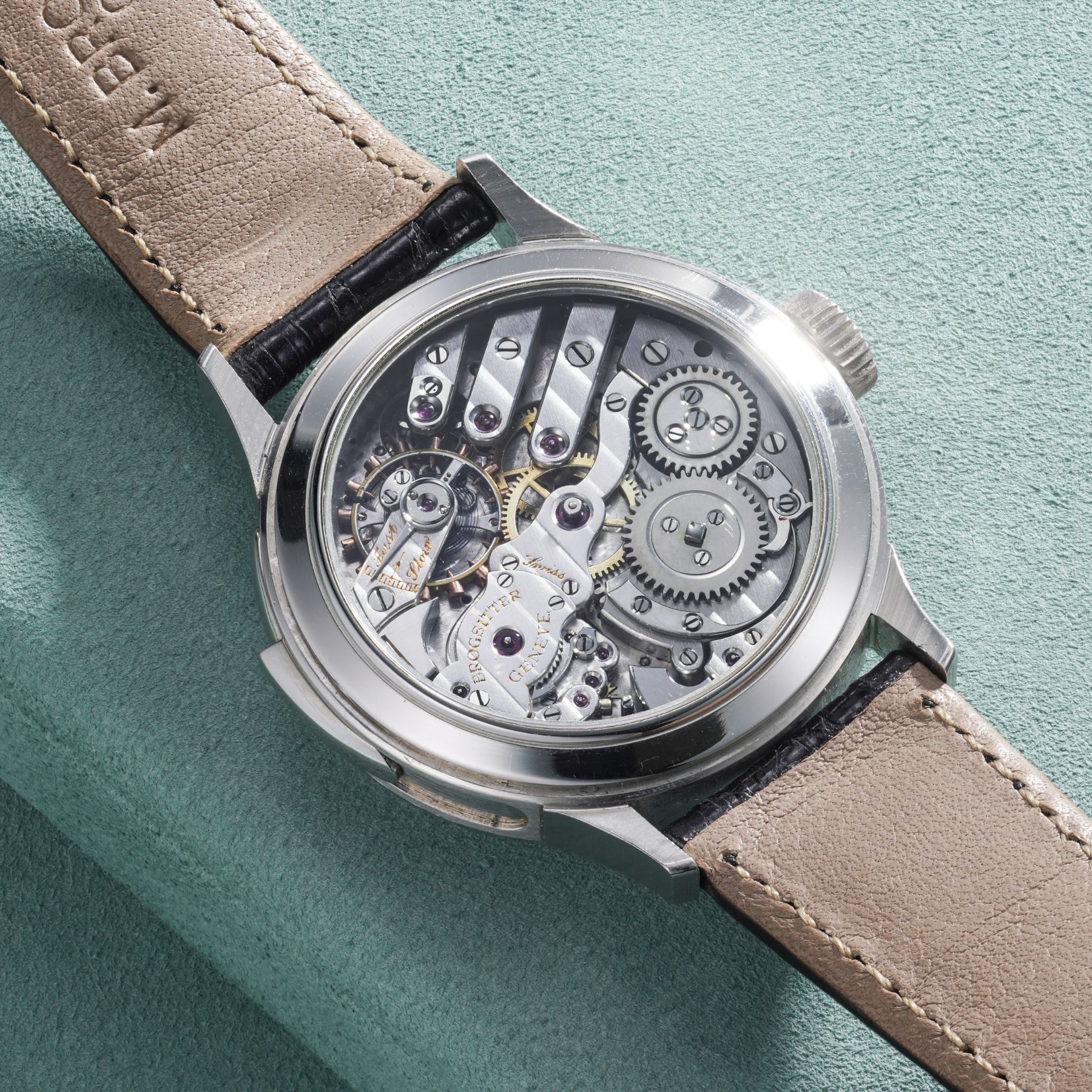 Lot 45: A circa 2005 Marc Brogsitter minute repeater in platinum with a Jean-Pierre Hagmann case, included in the Phillips Geneva Sessions, Fall 2026, Online Auction. Estimate: CHF 50,000–100,000