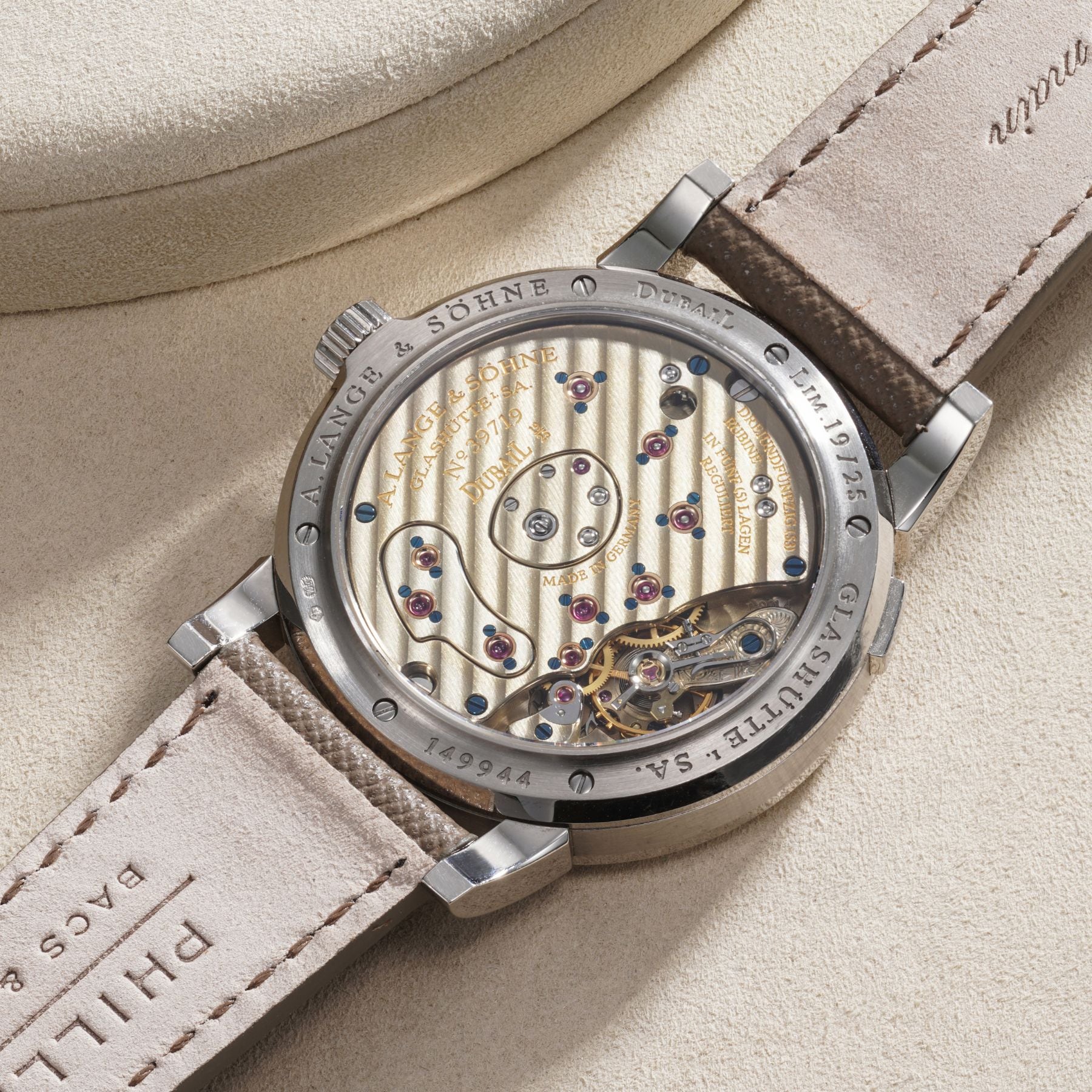 Lot 61: A circa 2003 A. Lange & Söhne Lange 1 Limited Edition for Dubail Paris in white gold with a blue mother-of-pearl dial, No. 19 of a 25-piece limited edition, included in the Phillips Geneva Sessions, Fall 2026, Online Auction. Estimate: CHF 35,000–70,000