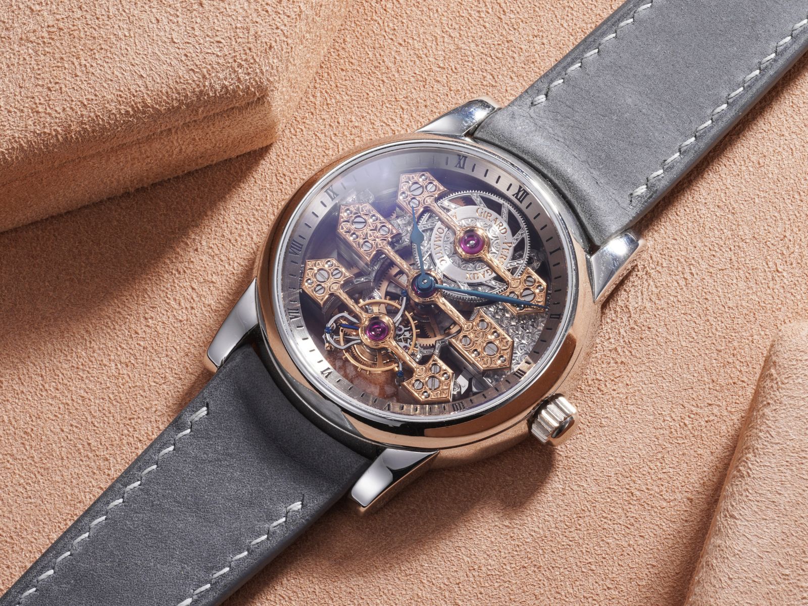 Lot 14: A circa 2000, skeletonized Girard-Perregaux Three bridges in platinum, included in the Phillips Geneva Sessions, Fall 2026, Online Auction. Estimate: CHF 20,000–40,000