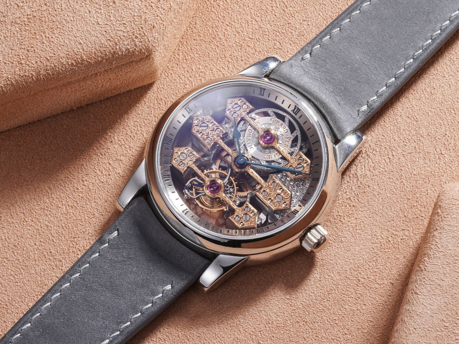 Lot 14: A circa 2000, skeletonized Girard-Perregaux Three bridges in platinum, included in the Phillips Geneva Sessions, Fall 2026, Online Auction. Estimate: CHF 20,000–40,000