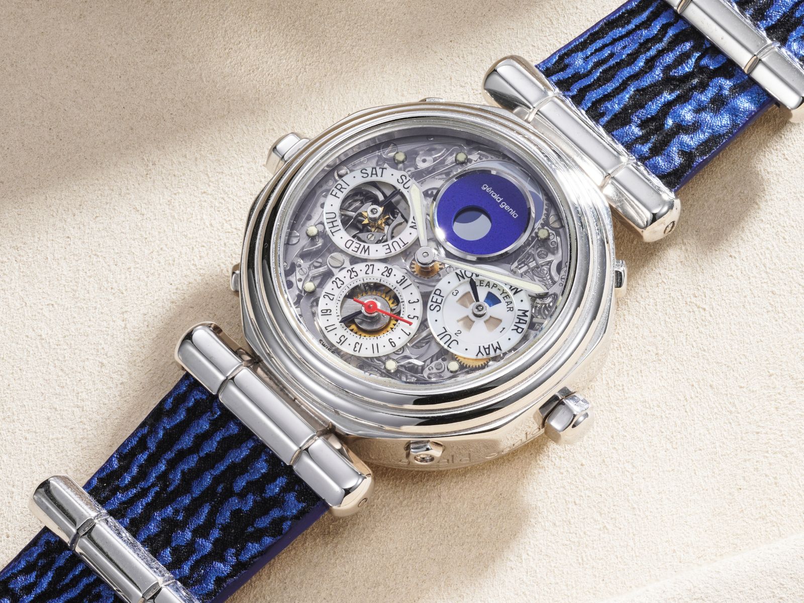 Lot 94: A circa 1993 Gérald Genta Minute Repeating Perpetual Calendar Tourbillon in 18k white gold, included in the Phillips Geneva Sessions, Fall 2026, Online Auction. Estimate: CHF 30,000–60,000	