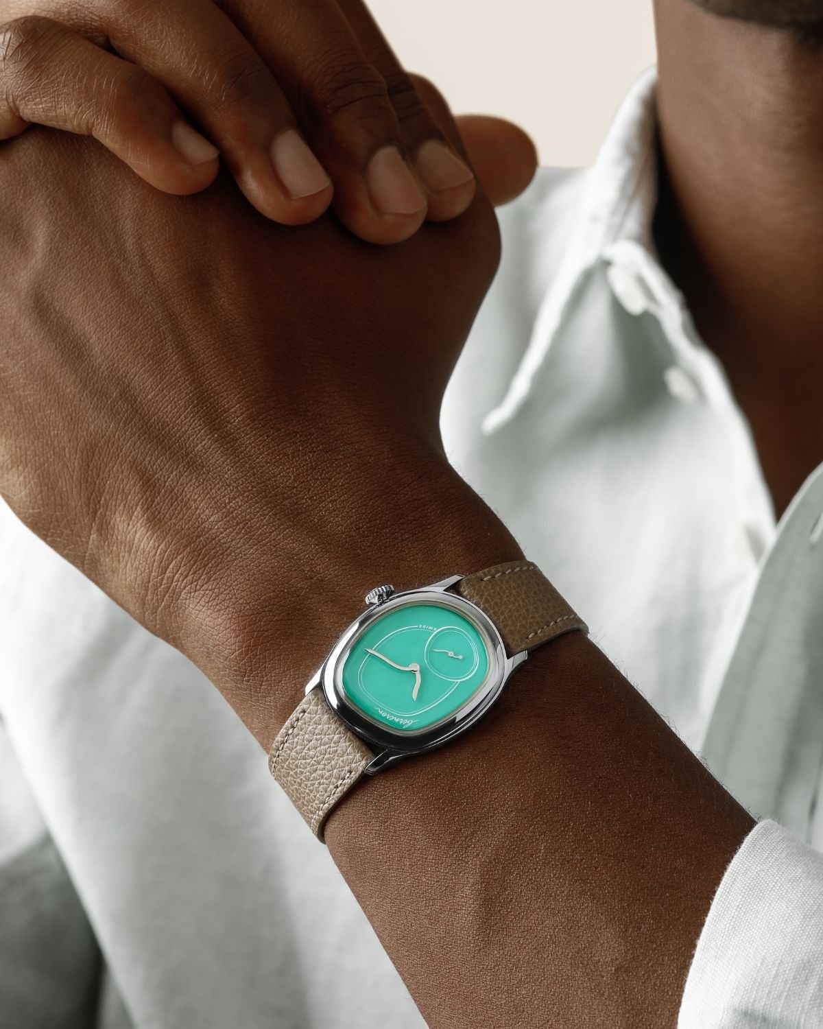Lot 1: A 2025 Berneron Mirage 34 in 18k white gold with chrysoprase dial, one of 48 examples, included in the Phillips Geneva Sessions, Fall 2026, Online Auction. Estimate: CHF 50,000–100,000