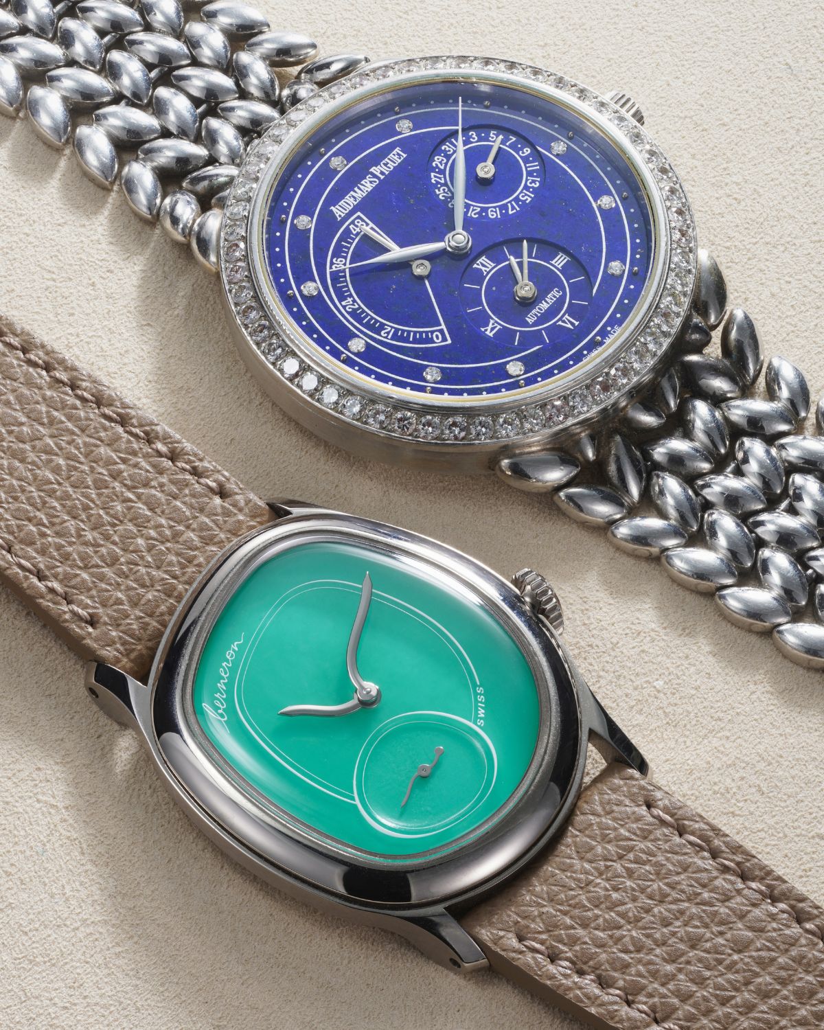 A 2000 Rolex Datejust Ref. 16234 in stainless steel with blue sodalite dial and a 2025 Berneron Mirage 34 in 18k white gold with chrysoprase dial, included in the Phillips Geneva Sessions, Fall 2026, Online Auction.