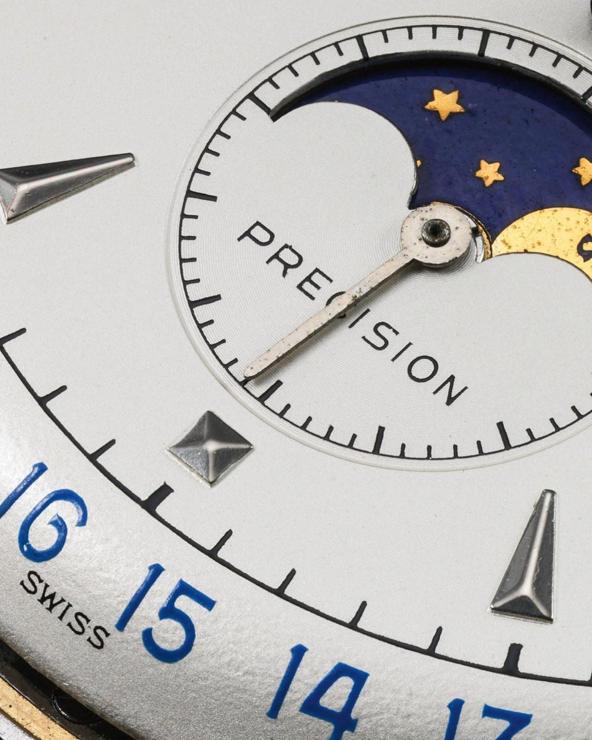 Dial close-up of a circa 1950 Rolex Ref. 8171 "Padellone" in stainless steel.