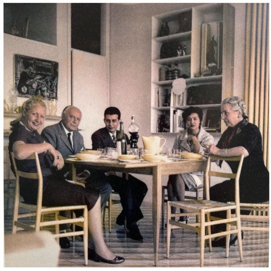 Gio Ponti and the Nemazee family gathered around the present extendable dining table in Ponti's Via Dezza apartment, circa 1960. Image: © Gio Ponti Archives / archivio storico Gio Ponti