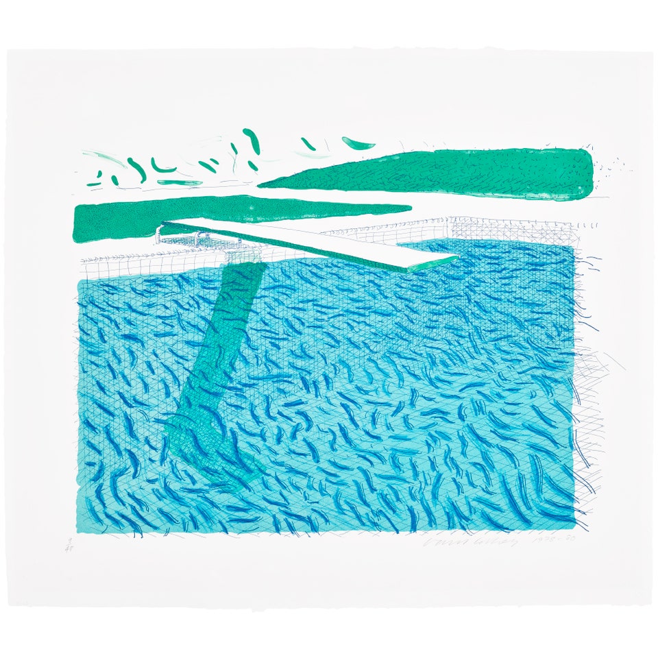 David Hockney Lithographic Water Made of Lines, Crayon, and a Blue Wash