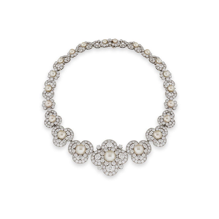 Formerly in the Collection Mary, Queen of the United Kingdom. Hennel, Cultured pearl and diamond necklace, circa 1928.