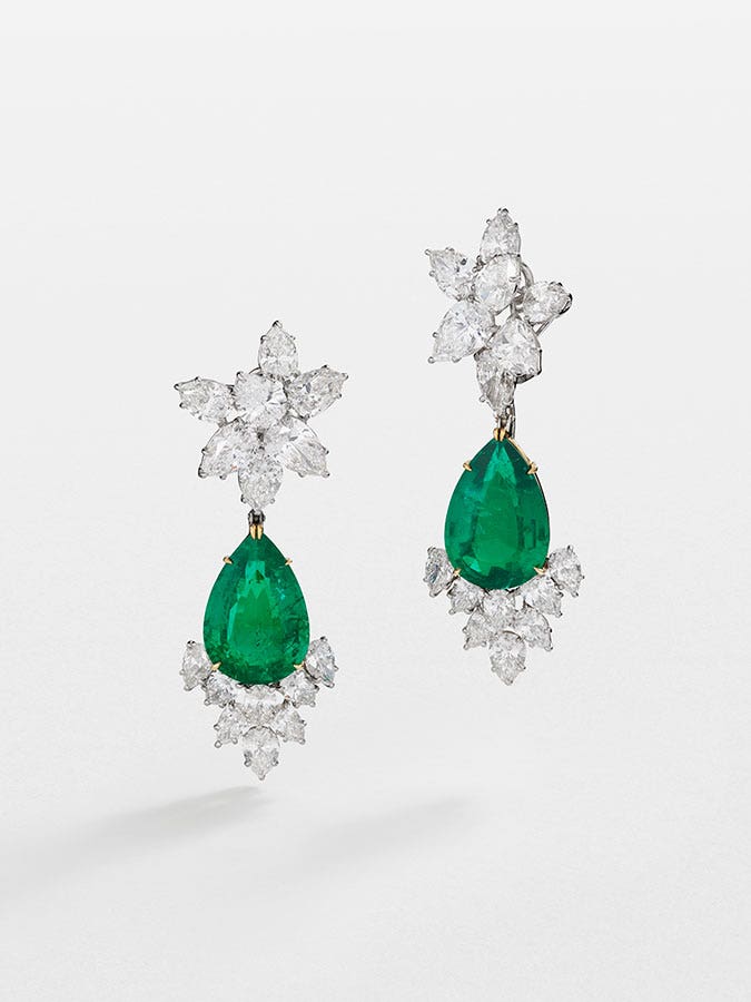 Harry Winston, Pair of emerald and diamond earrings weighing 9.67 and 10.29 carats, Colombian origin. 