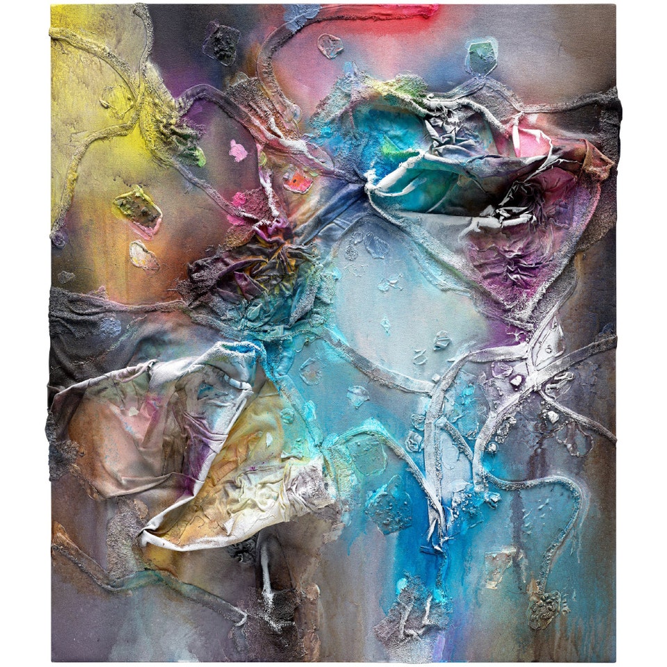 Textured abstract painting by contemporary artist Leslie Martinez made with fabric, dried paint chips, charcoal, sawdust, pumice and acrylic on canvas, featured at Phillips auction house.