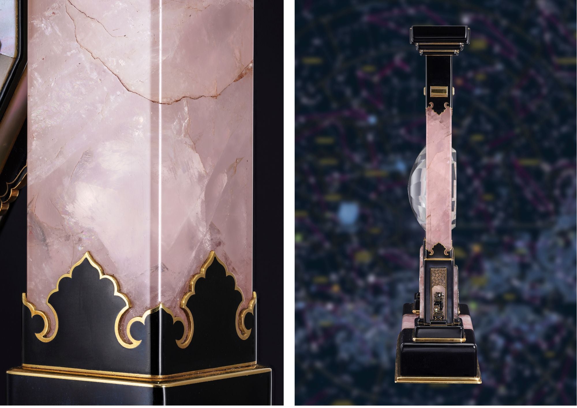 The square pink crystal columns of the Cartier Portico Mystery Clock No. 3.