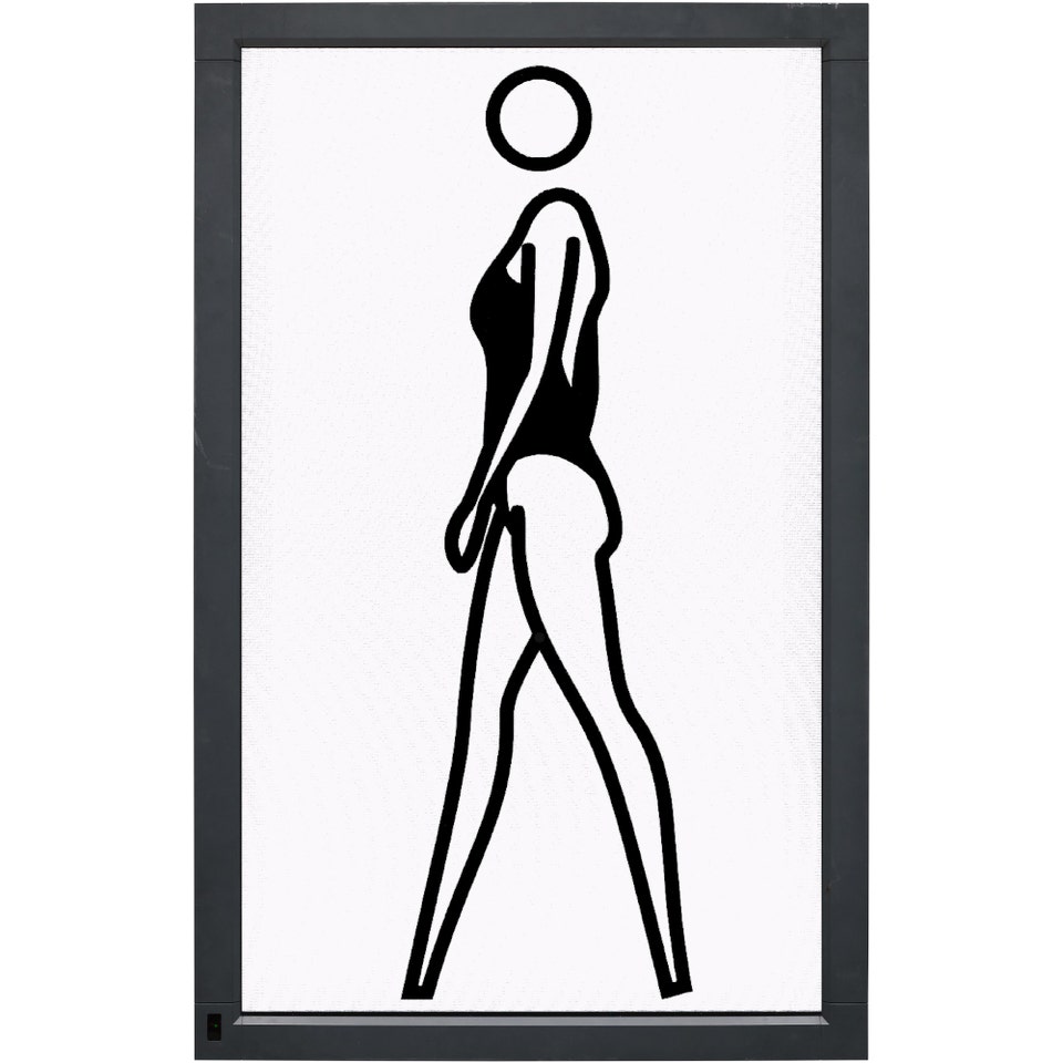 Minimalist figurative portrait animation on LCD screen by contemporary artist Julian Opie featuring bold black outlines and flat color fields, featured at Phillips auction house.