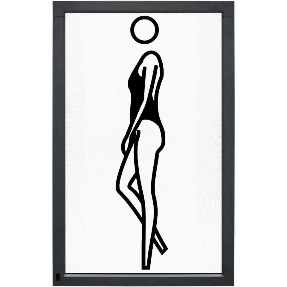 Minimalist figurative portrait animation on LCD screen by contemporary artist Julian Opie featuring bold black outlines and flat color fields, featured at Phillips auction house.