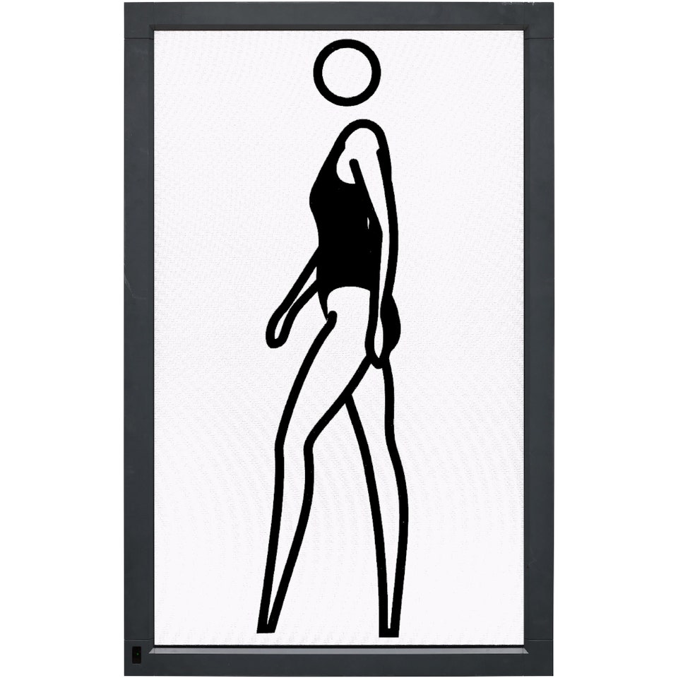Minimalist figurative portrait animation on LCD screen by contemporary artist Julian Opie featuring bold black outlines and flat color fields, featured at Phillips auction house.