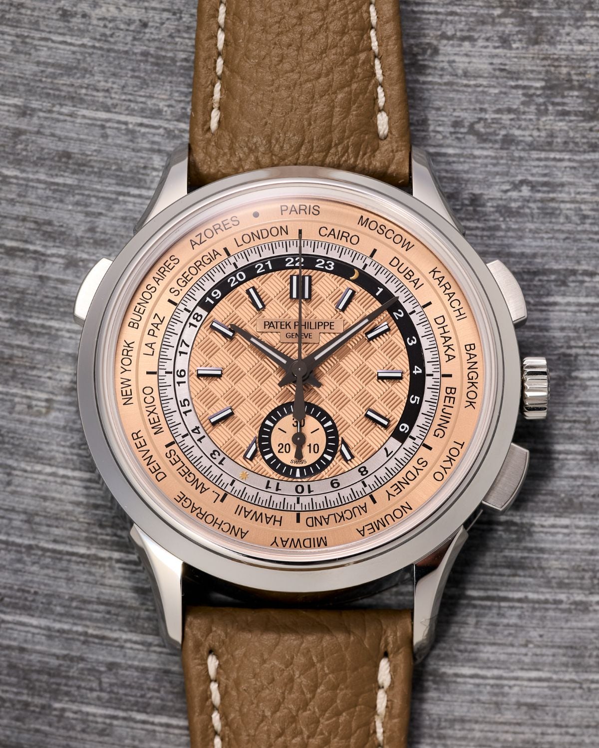 Lot 9: A circa 2024 Patek Philippe World Time Flyback Chronograph Ref. 5935A-001 in stainless steel, included in the Phillips New York Sessions, Fall 2026. Estimate: USD $30,000–60,000