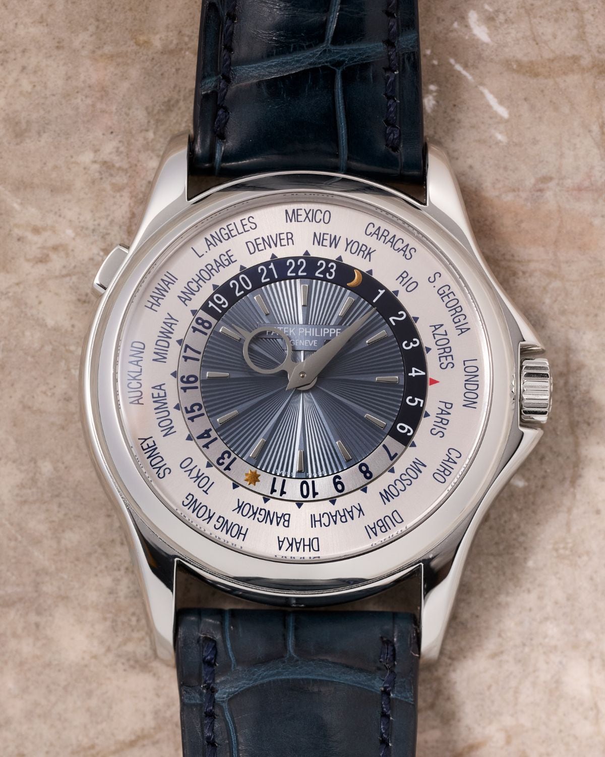 Lot 64: A circa 2009 Patek Philippe World Time Ref. 5130P in platinum, included in the Phillips New York Sessions, Fall 2026. Estimate: USD $20,000–40,000