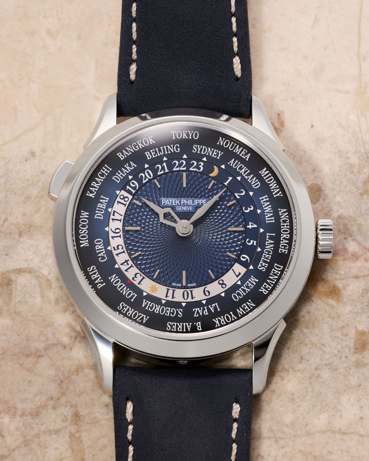 Lot 86: A circa 2023 Patek Philippe World Time Ref. 5230P-001 in platinum, included in the Phillips New York Sessions, Fall 2026. Estimate: USD $30,000–60,000 