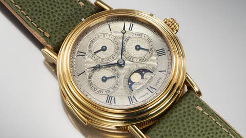 Lot 105: A circa 1992 unique Franck Muller perpetual calendar minute repeater, numbered 1 and signed “Franck Genève,” in 18k yellow gold, included in The Geneva Watch Auction XXIV. Estimate: CHF 100,000–200,000