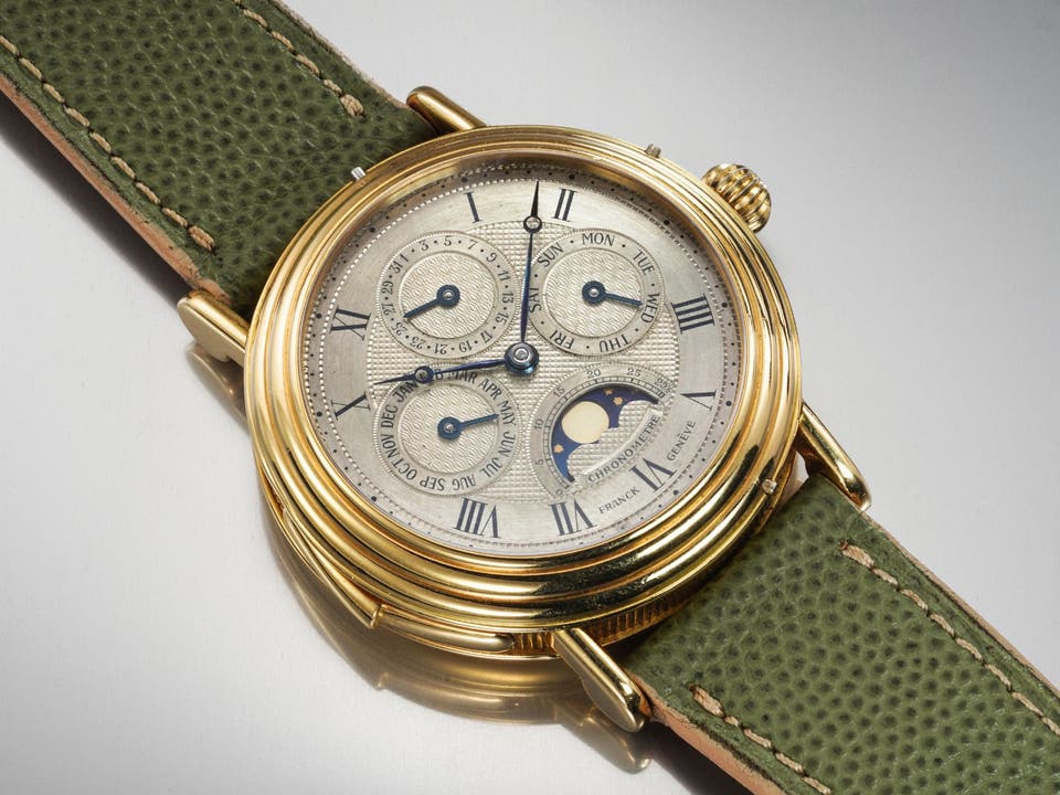 Lot 105: A circa 1992 unique Franck Muller perpetual calendar minute repeater, numbered 1 and signed “Franck Genève,” in 18k yellow gold, included in The Geneva Watch Auction XXIV. Estimate: CHF 100,000–200,000