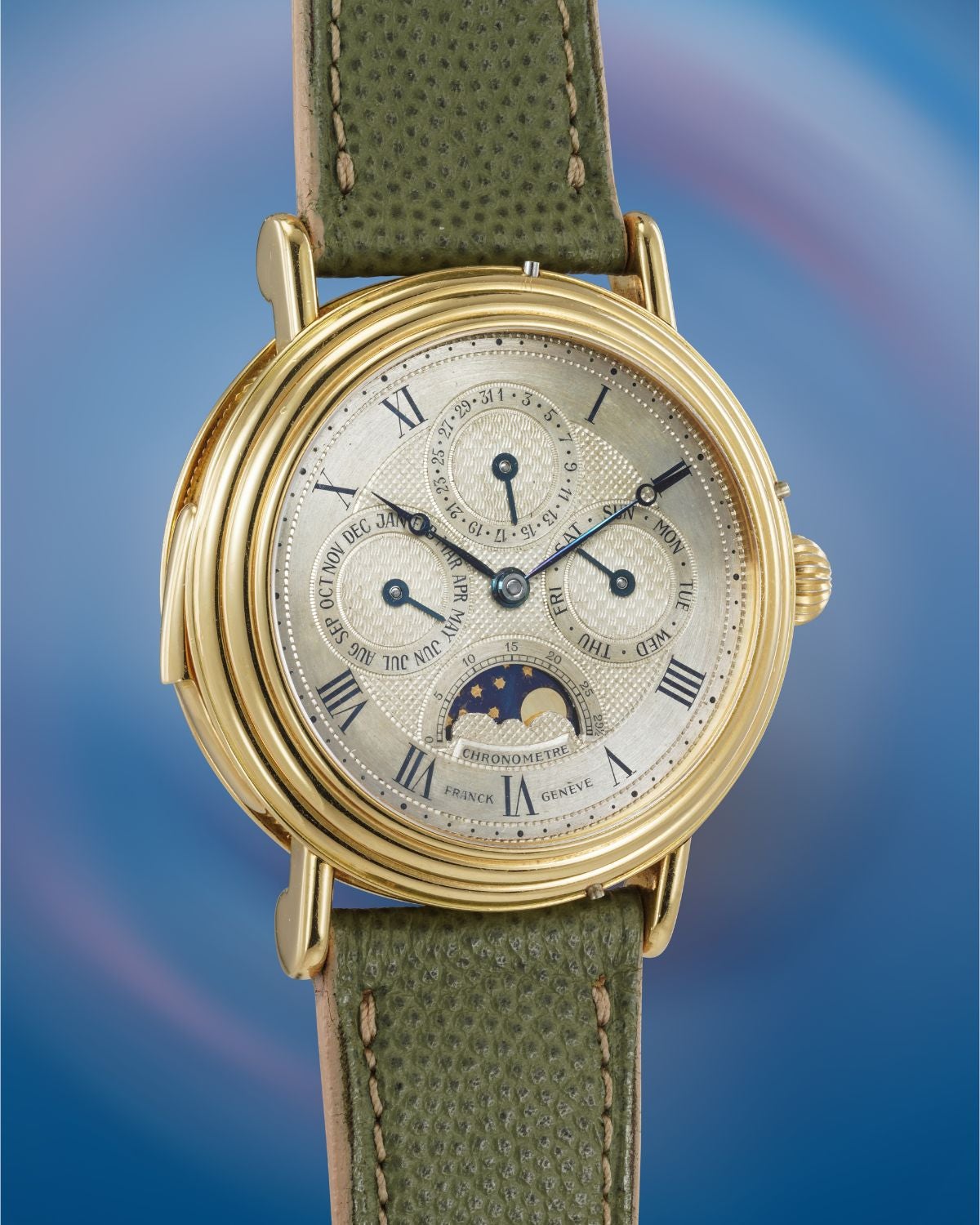 Lot 105: A circa 1992 unique Franck Muller perpetual calendar minute repeater, numbered 1 and signed “Franck Genève,” in 18k yellow gold, included in The Geneva Watch Auction XXIV. Estimate: CHF 100,000–200,000