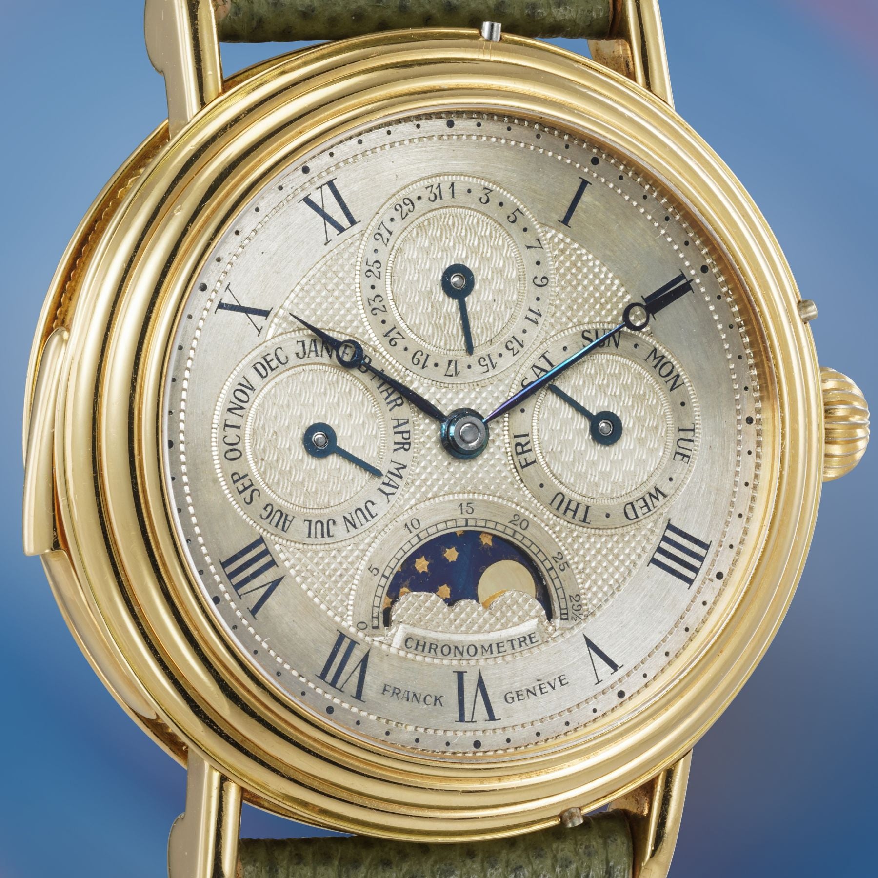 Lot 105: A circa 1992 unique Franck Muller perpetual calendar minute repeater, numbered 1 and signed “Franck Genève,” in 18k yellow gold, included in The Geneva Watch Auction XXIV. Estimate: CHF 100,000–200,000