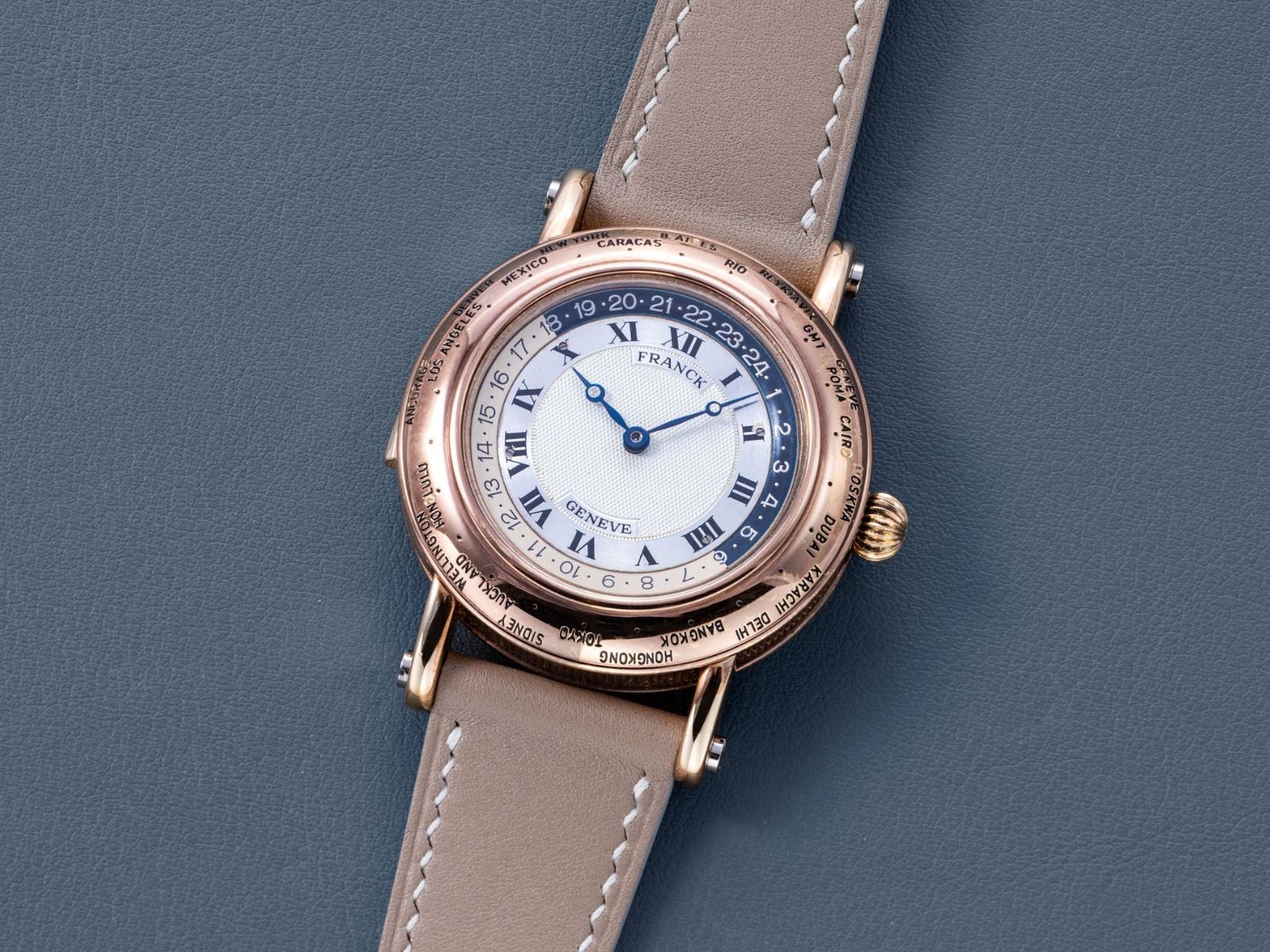 A Franck Genève world-time minute repeater, described as a 1990 world premiere in an early Franck Muller catalogue. Image courtesy of The Hour Glass; watch from a private collection.