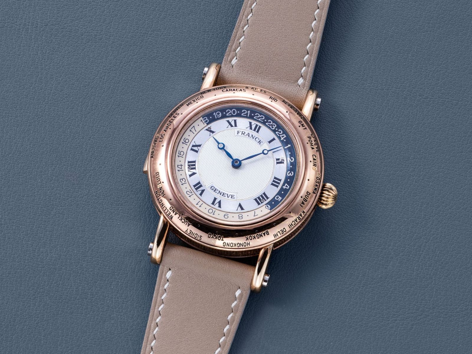 A Franck Genève world-time minute repeater, described as a 1990 world premiere in an early Franck Muller catalogue. Image courtesy of The Hour Glass; watch from a private collection.