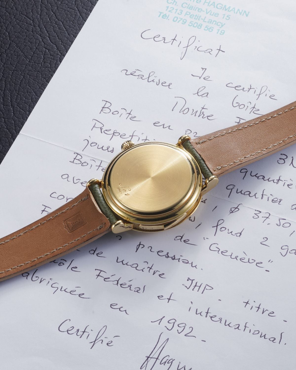 Lot 105: A circa 1992 unique Franck Muller perpetual calendar minute repeater, numbered 1 and signed “Franck Genève,” in 18k yellow gold, included in The Geneva Watch Auction XXIV. Estimate: CHF 100,000–200,000
