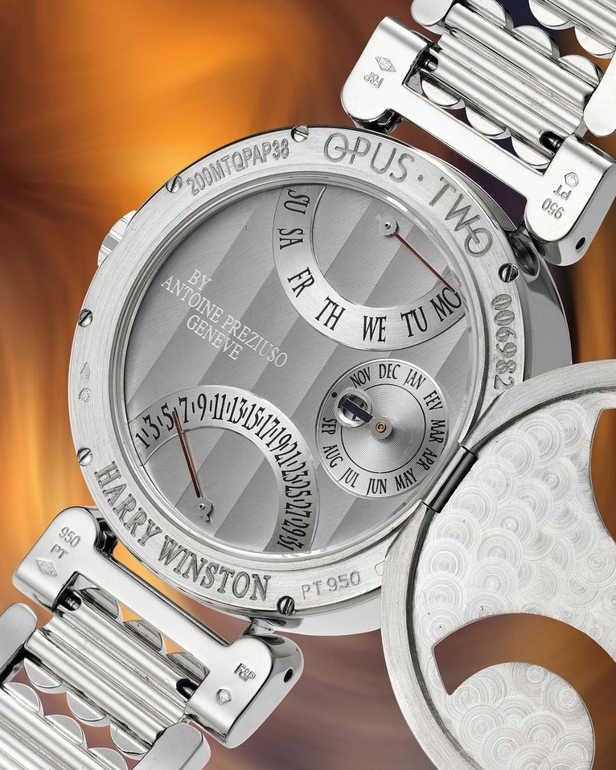 Back of the Harry WInston Opus II Perpetual Tourbillon Ref. 200MTQPAP38 in platinum.