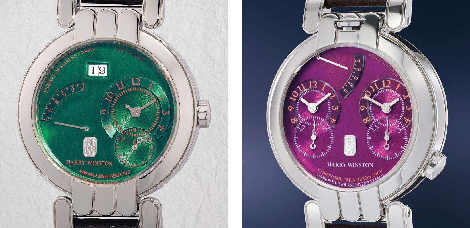 A Harry WInston Opus I Réserve de Marche (left) and Opus I Chronomètre à Résonance (right), both in platinum.