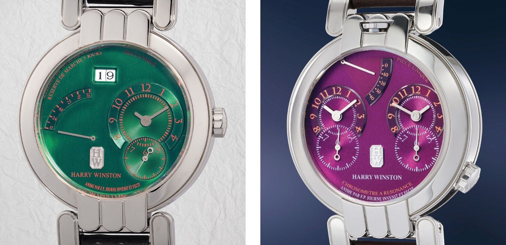 A Harry WInston Opus I Réserve de Marche (left) and Opus I Chronomètre à Résonance (right), both in platinum.