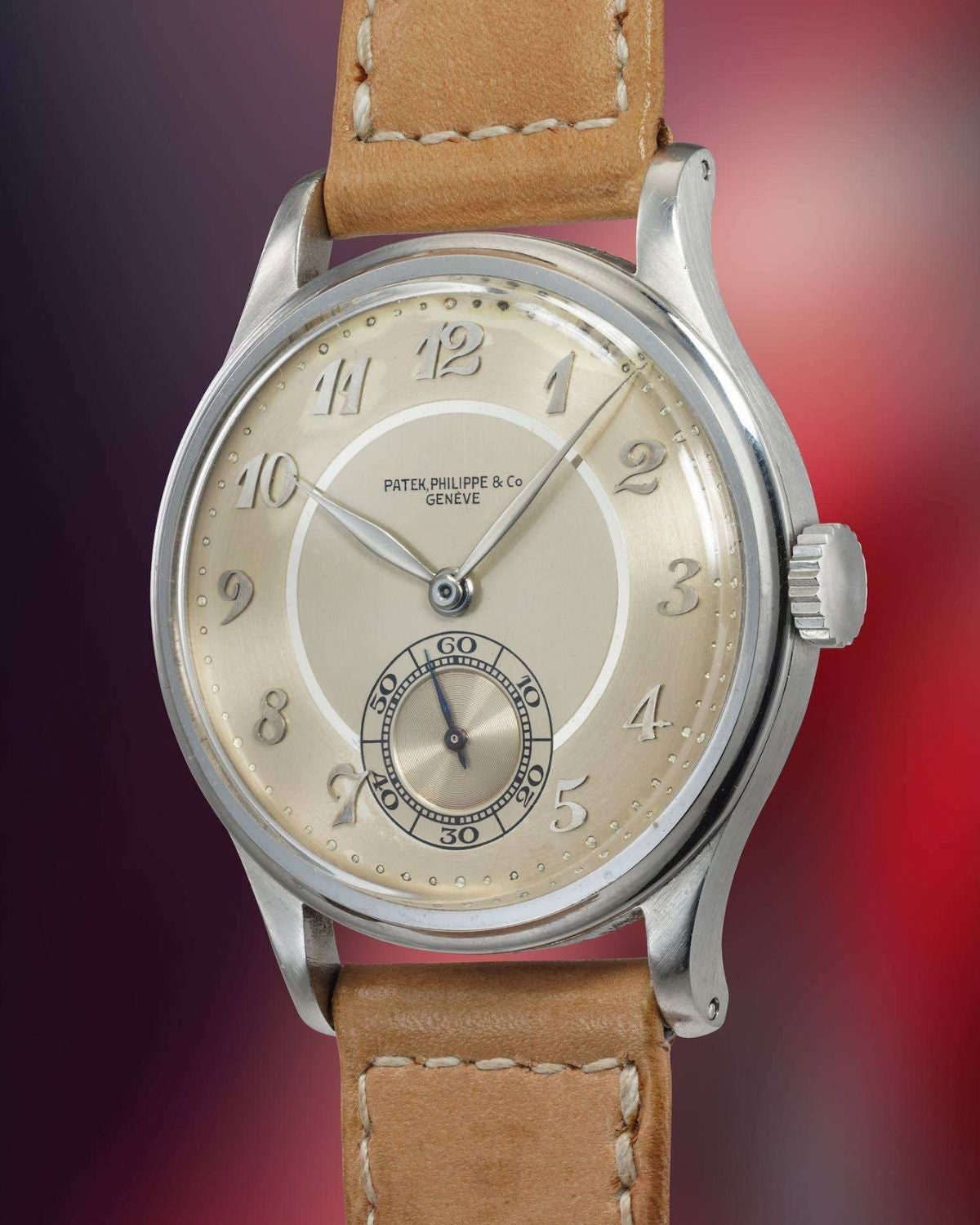 Lot 128: A 1941 Patek Philippe Calatrava Ref. 530 in stainless steel with applied Breguet numerals, included in The Geneva Watch Auction XXIV. Estimate: CHF 400,000–800,000