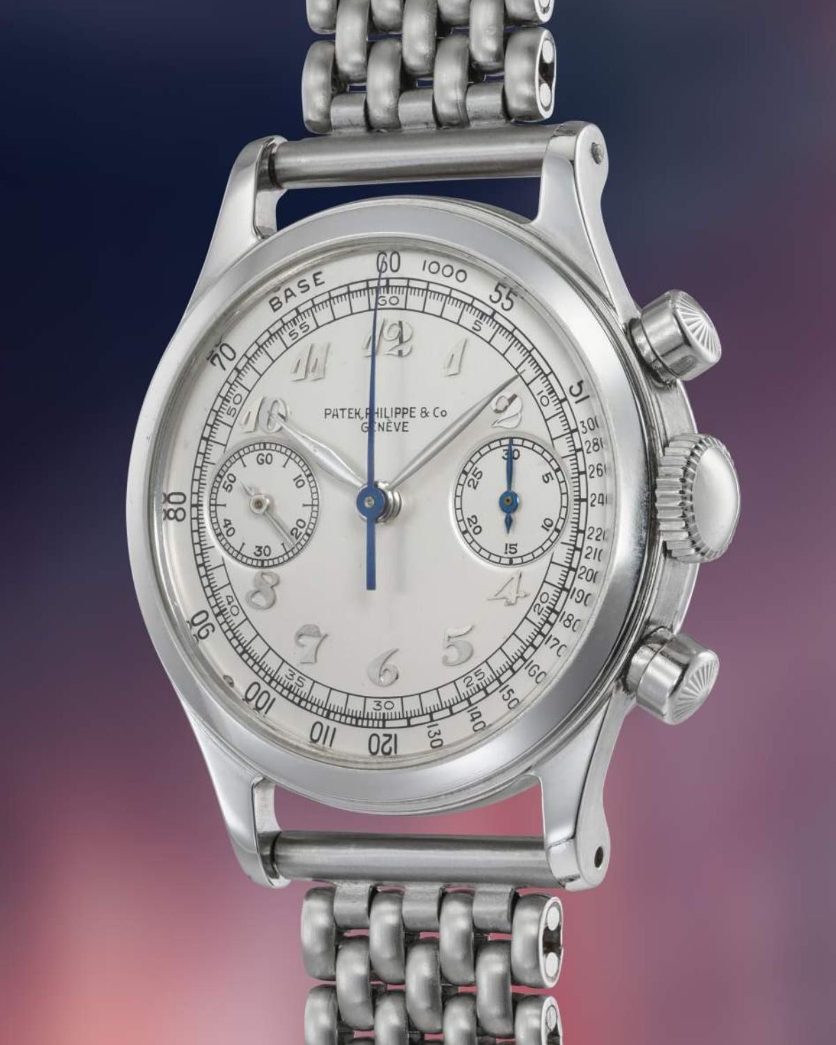 Lot 179: A 1949 Patek Philippe chronograph Ref. 1463 in stainless steel with Breguet numerals, included in The Geneva Watch Auction XXIV. Estimate: CHF 250,000–500,000